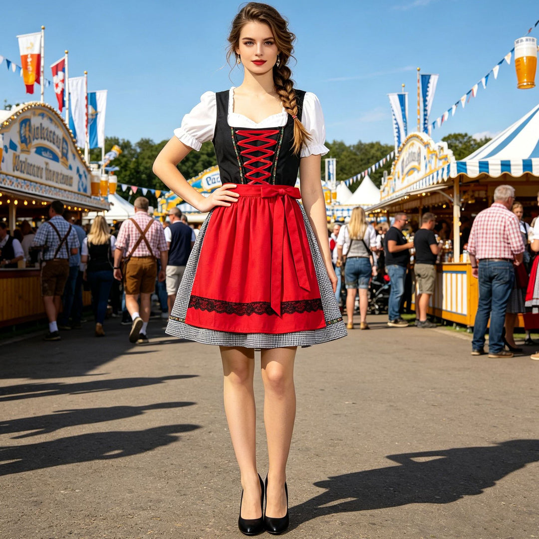 Damen nan kurzes traditionelles Dirndlkleid mit geschnürtem Mieder, Puffärmel-Bluse und aufgesetzter Schürze Shop Nory