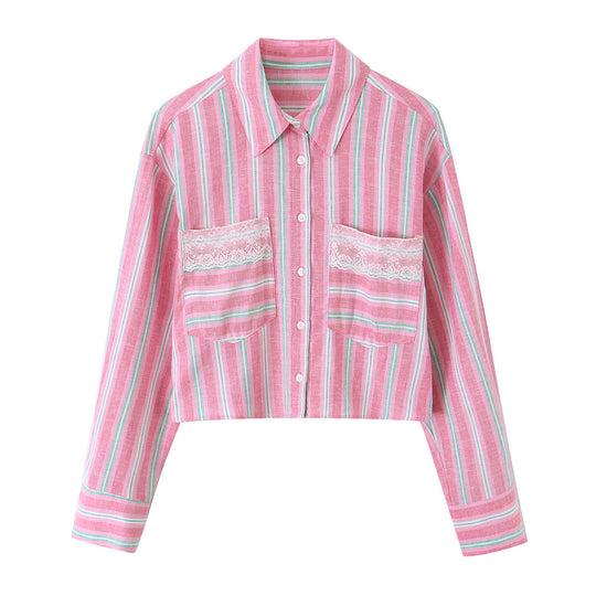 Damen Gekürzte gestreifte Hemdbluse mit Spitzenbesatz und Oversize-Ärmeln Shop Nory