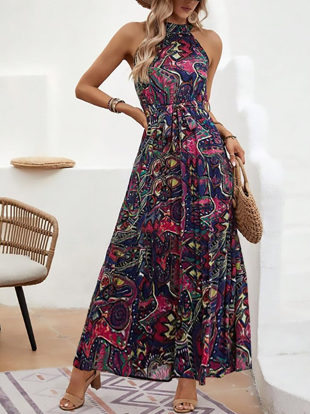 Damen Maxikleid Im Boho-Stil mit Hohem Kragen und Bindegürtel