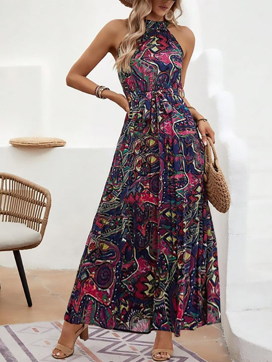 Damen Maxikleid Im Boho-Stil mit Hohem Kragen und Bindegürtel