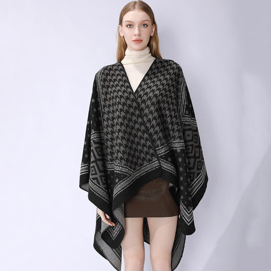 Damen Gewebter Jacquard‑Capeponcho mit Hahnentritt‑ und Ornamentmix Shop Nory