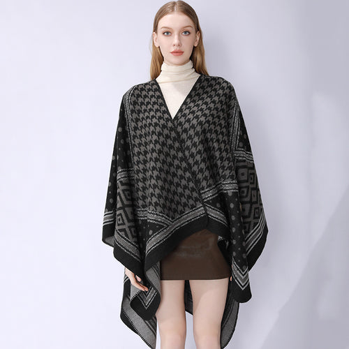 Damen Gewebter Jacquard‑Capeponcho mit Hahnentritt‑ und Ornamentmix Shop Nory