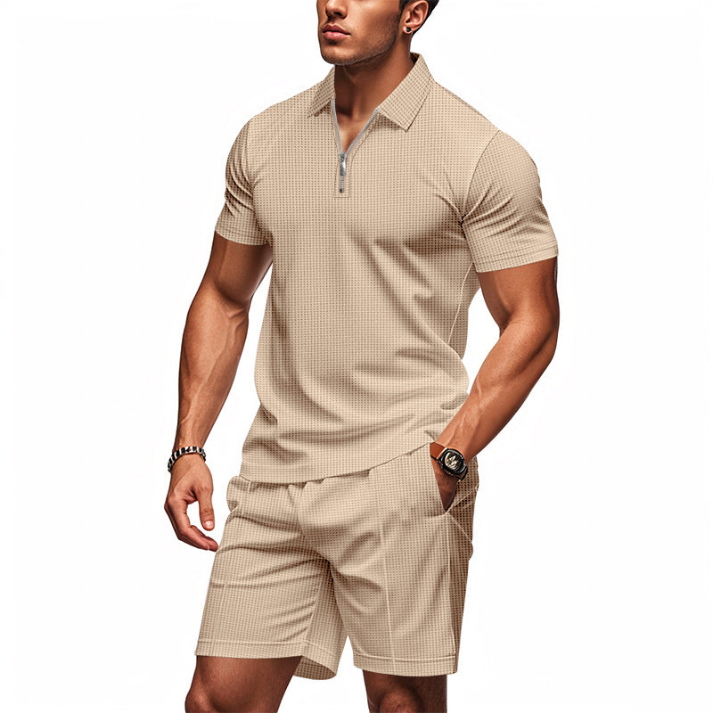 Herren Sportliches Kurzarm-Set mit teils strukturiertem Design und durchgehendem Reißverschluss
