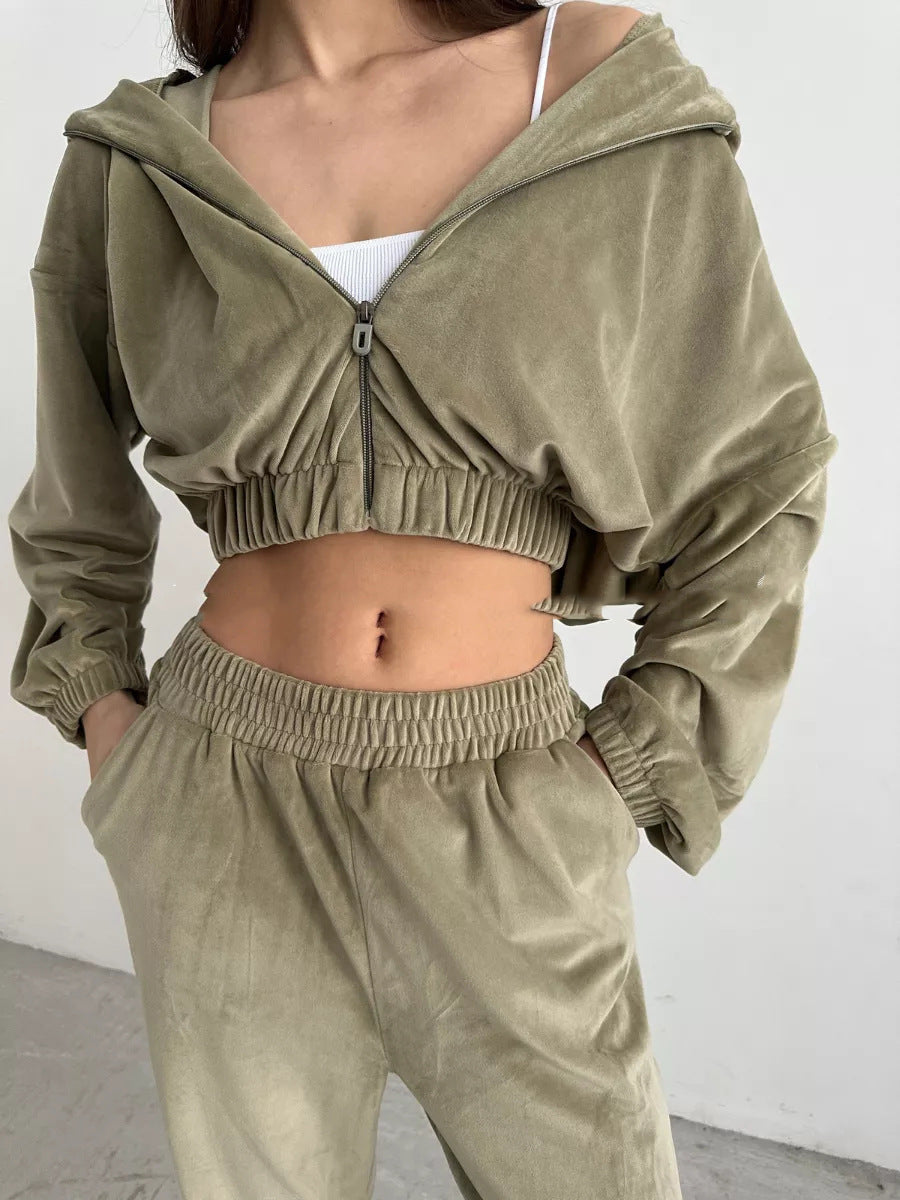 Damen Cropped Samt-Loungewear-Set mit kurzem Reißverschluss, elastischem Taillenbund und weiter Jogginghose Shop Nory