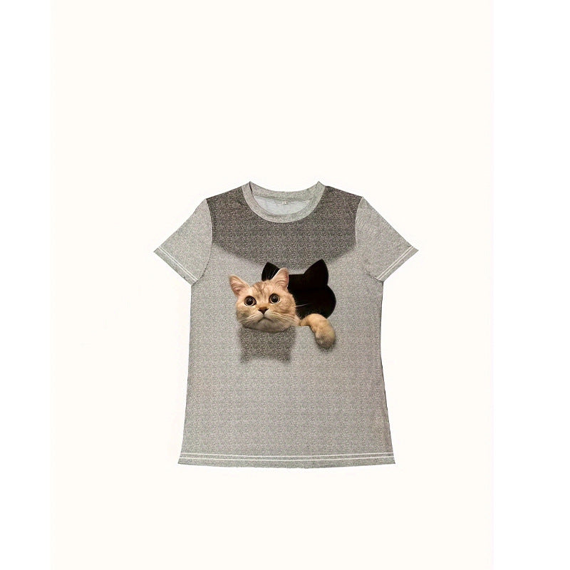 Damen T-Shirt mit 3D-Katzenmotiv und kreativem Rissdesign