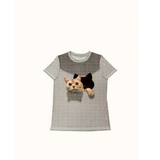 Damen T-Shirt mit 3D-Katzenmotiv und kreativem Rissdesign