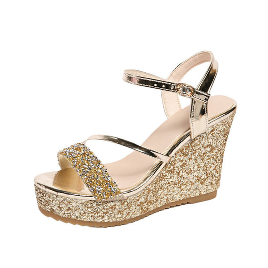 Damen Glamouröse Wedge-Sandalen mit glitzernden Riemen und verstellbarem Verschluss