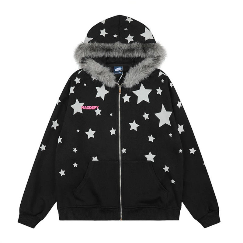 Damen Oversize Kapuzen‑Sweatjacke mit Sternen‑Allover, Kunstfellbesatz und durchgehendem Reißverschluss Shop Nory
