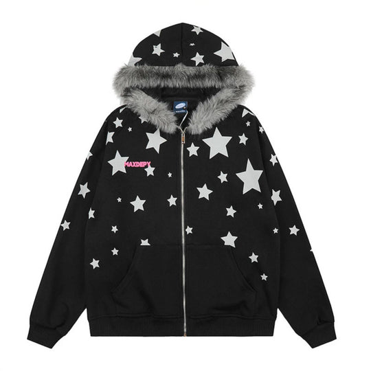 Damen Oversize Kapuzen‑Sweatjacke mit Sternen‑Allover, Kunstfellbesatz und durchgehendem Reißverschluss Shop Nory