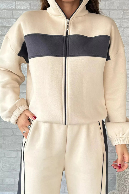 Damen Komfortables Campus-Lounge-Set mit kurzem Reißverschluss-Top und Seitenstreifen-Jogger Shop Nory