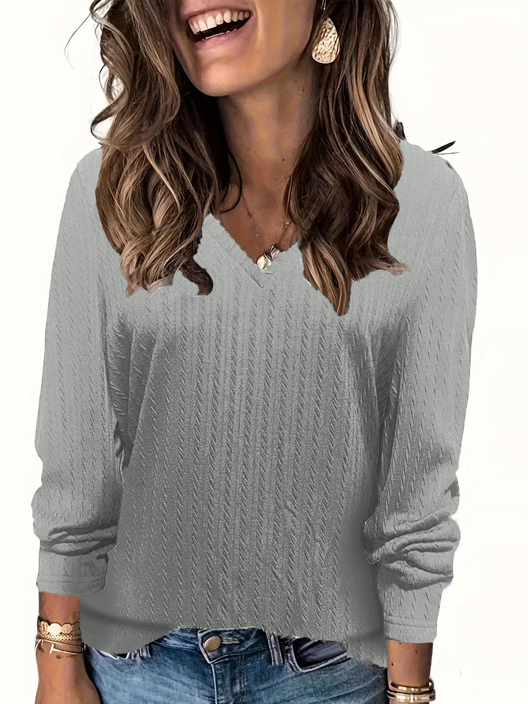 Damen Feinstrick-Langarmshirt mit V‑Ausschnitt und Zopfmuster Shop Nory