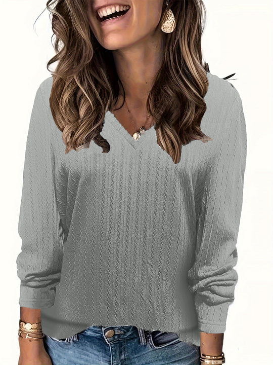 Damen Feinstrick-Langarmshirt mit V‑Ausschnitt und Zopfmuster Shop Nory