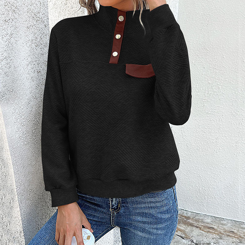 Damen Texturierter Stehkragen-Sweatshirt mit Druckknopf-Leiste und Zierpatte Shop Nory