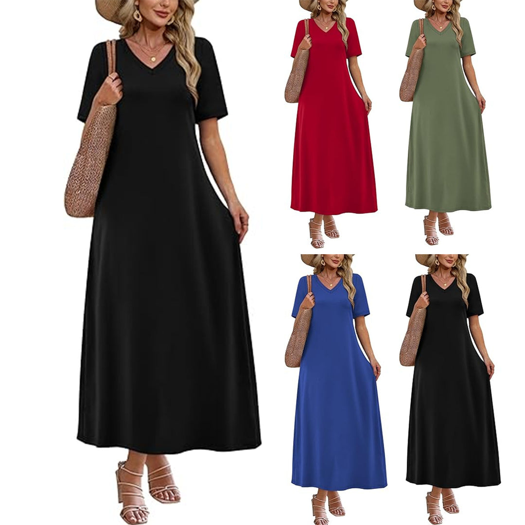 Damen Langes A-Linien-Maxikleid mit V-Ausschnitt, Kurzarm und Eingrifftaschen Shop Nory
