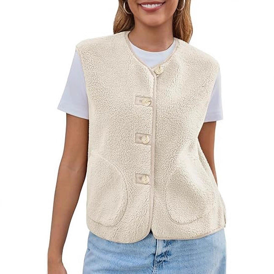 Damen Teddy-Fleeceweste mit Knopfleiste und Eingrifftaschen Shop Nory