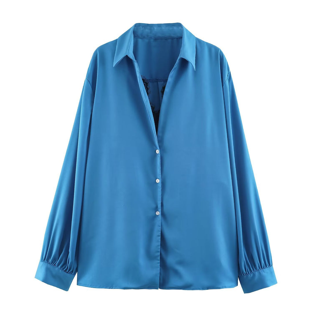 Damen Seidige Oversize-Bluse mit Spitzeneinsatz und Hemdkragen Shop Nory