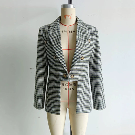 Damen Doppelreihiger Glencheck-Blazer mit taillierter Silhouette und kontrastiertem Innenfutter Shop Nory