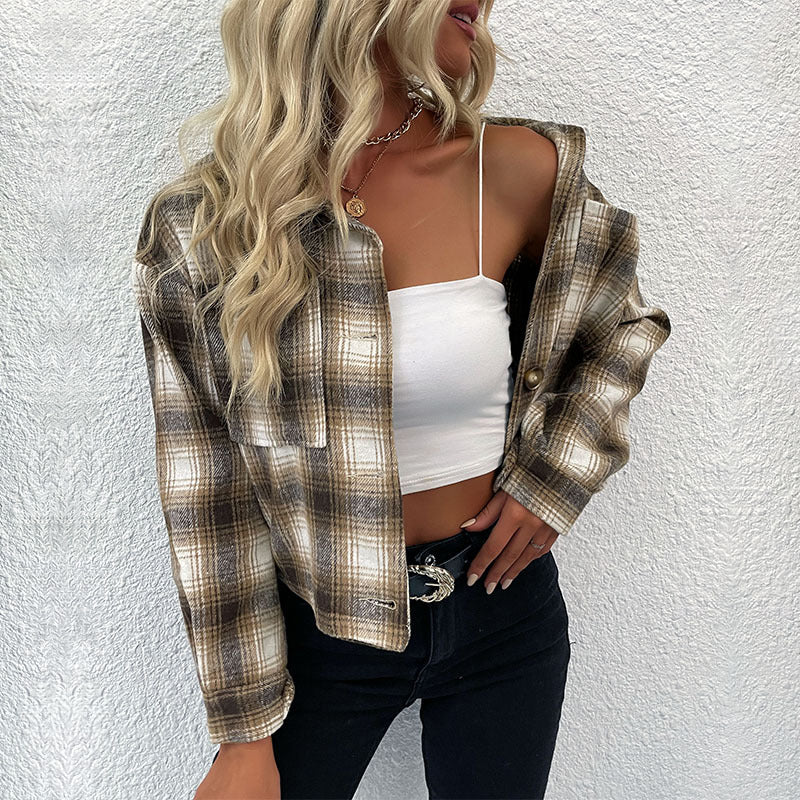 Damen Karo-Umschlaghemdjacke mit kastiger Kurzform und aufgesetzten Brusttaschen Shop Nory