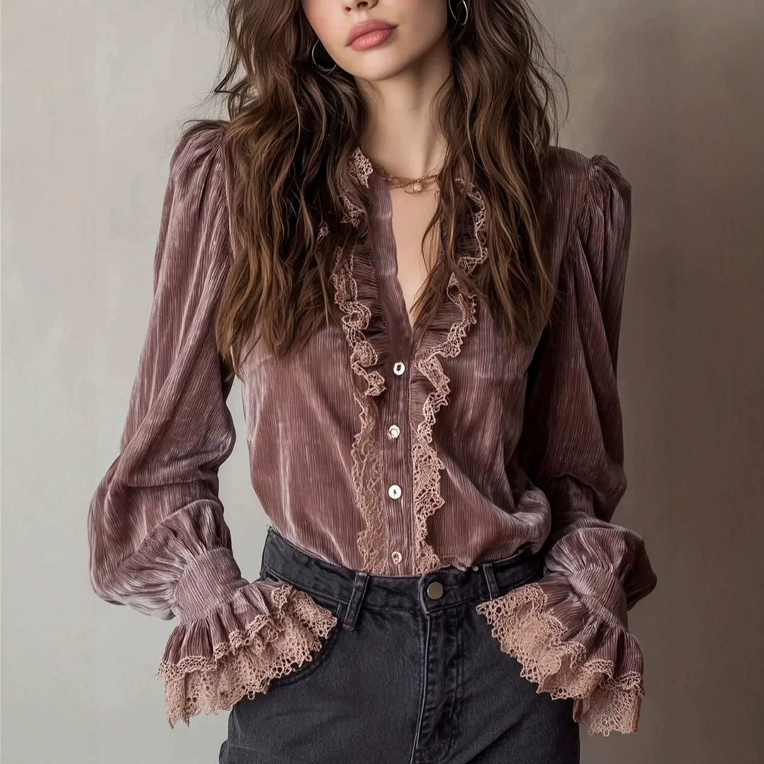 Damen Plissée-Veloursbluse mit Spitzenrüschen und Puffärmeln Shop Nory