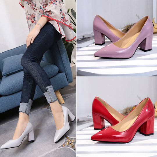 Damen Lack-Pumps mit spitzer Zehenpartie, mittelhohem Blockabsatz und gepolstertem Fußbett Shop Nory