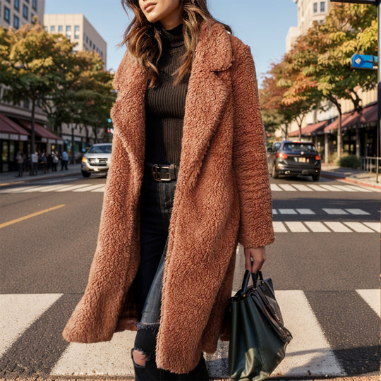 Damen Langer Teddy-Mantel aus Kunstfell mit Oversize-Schnitt und Schalkragen Shop Nory