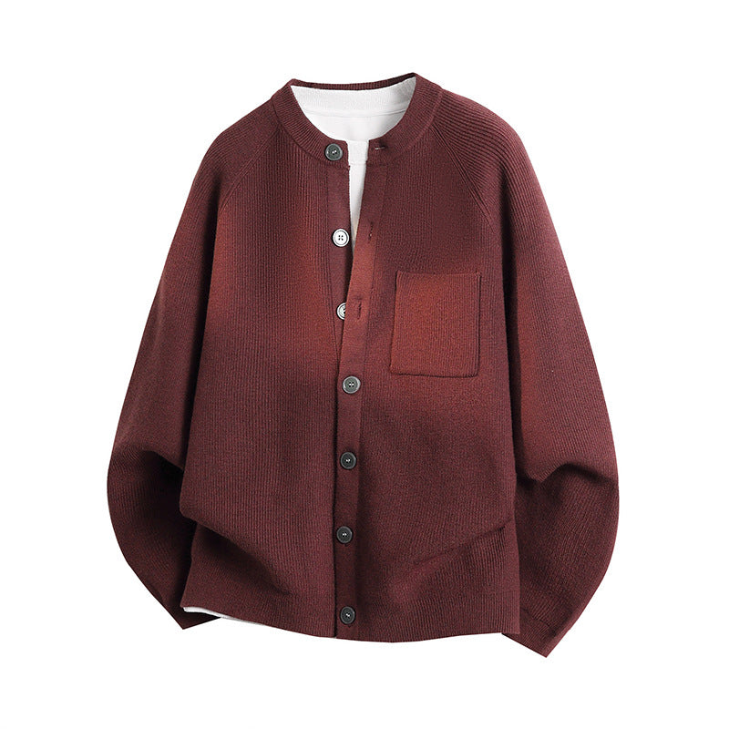 Unisex Leichter Feinstrick-Cardigan mit Rundhalsausschnitt, Brusttasche und Raglanärmeln Shop Nory