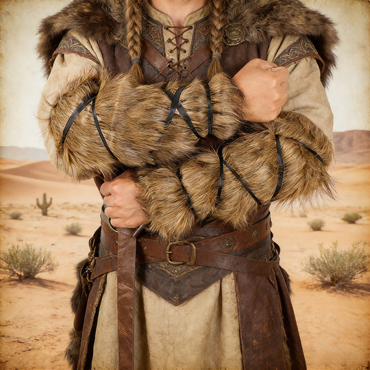Herren Wikinger‑inspirierte Kunstpelz‑Armstulpen mit verstellbaren Wickelriemen Shop Nory