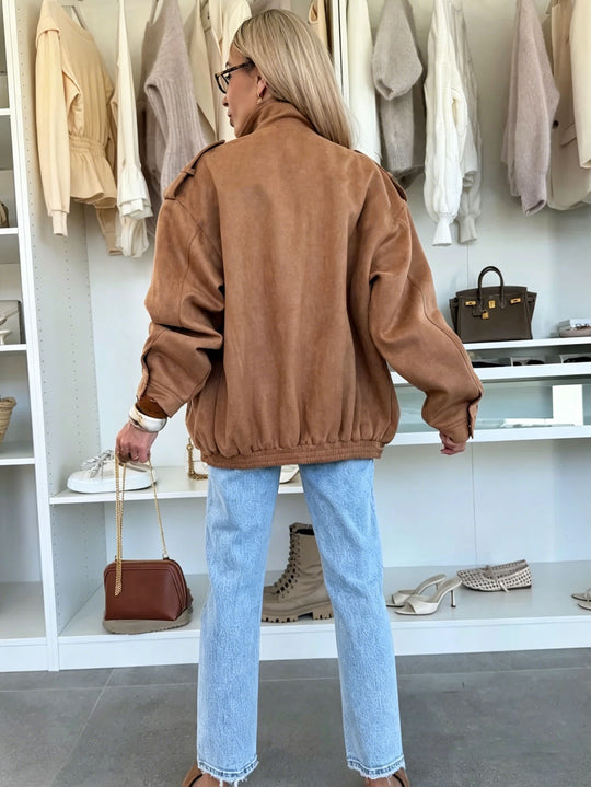 Damen Oversized Jacke in Wildleder-Optik mit Brusttaschen und Epauletten Shop Nory