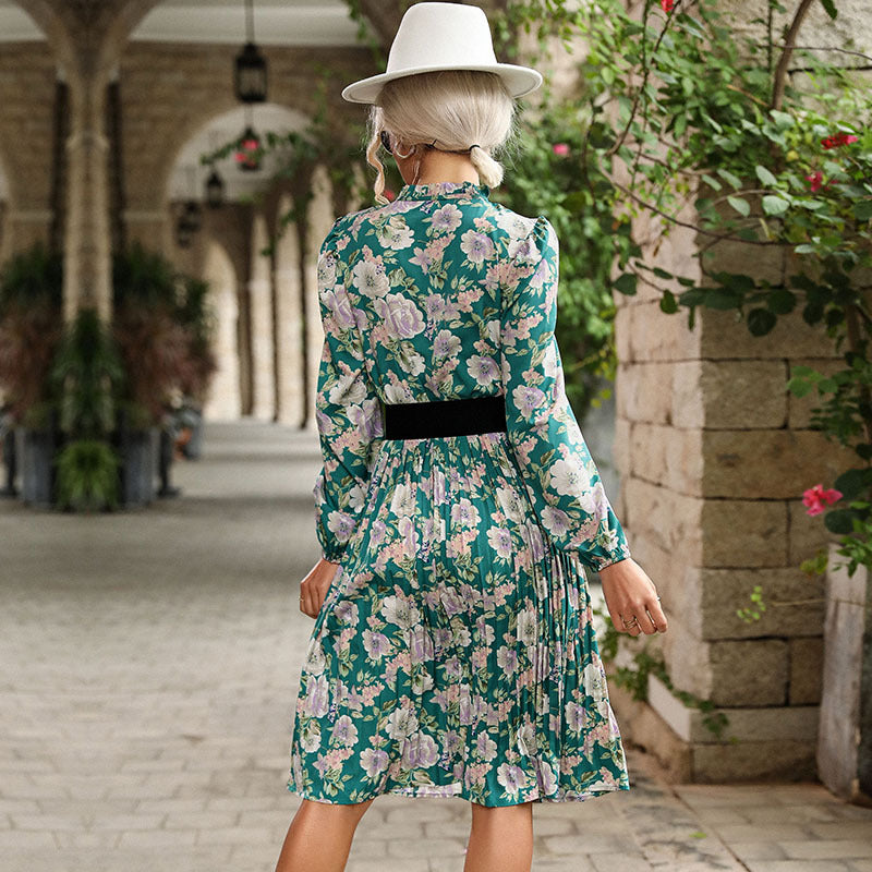 Damen Plissiertes Midikleid mit Stehkragen-Schleife, Puffärmeln und abnehmbarem Perlengürtel Shop Nory
