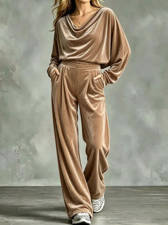 Damen Samt-Loungewear-Set mit Wasserfallkragen, weitem Palazzo-Schnitt und Eingrifftaschen Shop Nory