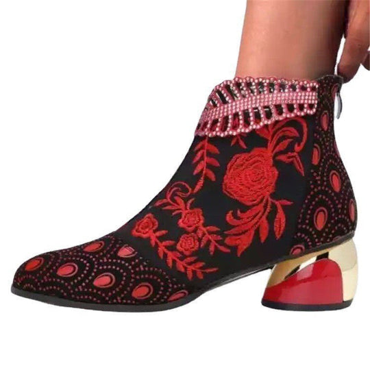 Damen Stiefeletten mit floralem Muster und glanzvollem Blockabsatz