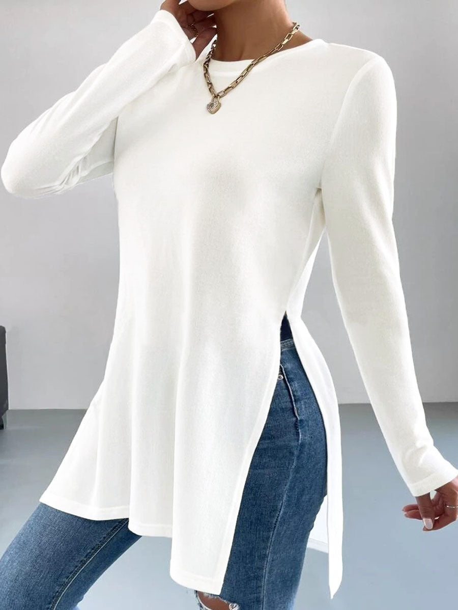 Damen Langes Feinstrick-Tunika-Shirt mit Seitenschlitzen und gerundetem Saum Shop Nory