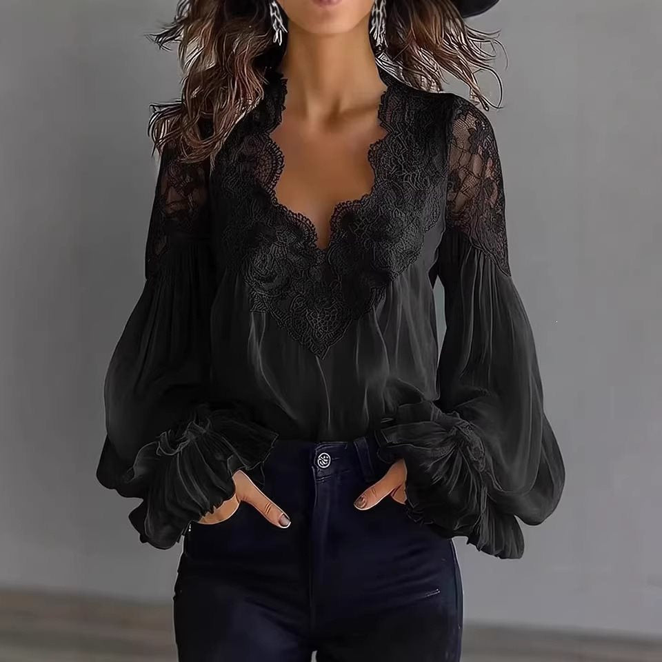 Damen Chiffon-Bluse mit Spitzen-V-Ausschnitt und weiten Plissee-Ärmeln Shop Nory