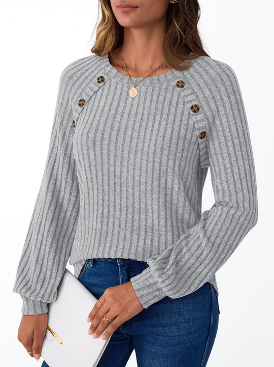 Damen Gerippter Strickpullover mit Zierknopfleiste an Raglanärmeln Shop Nory