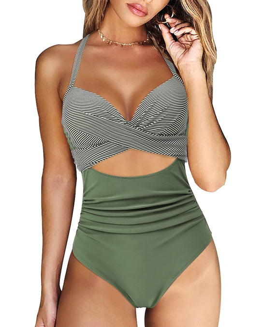 Damen Einteiler Badeanzug mit eleganter Wickel-Optik und hohem Taillenbund