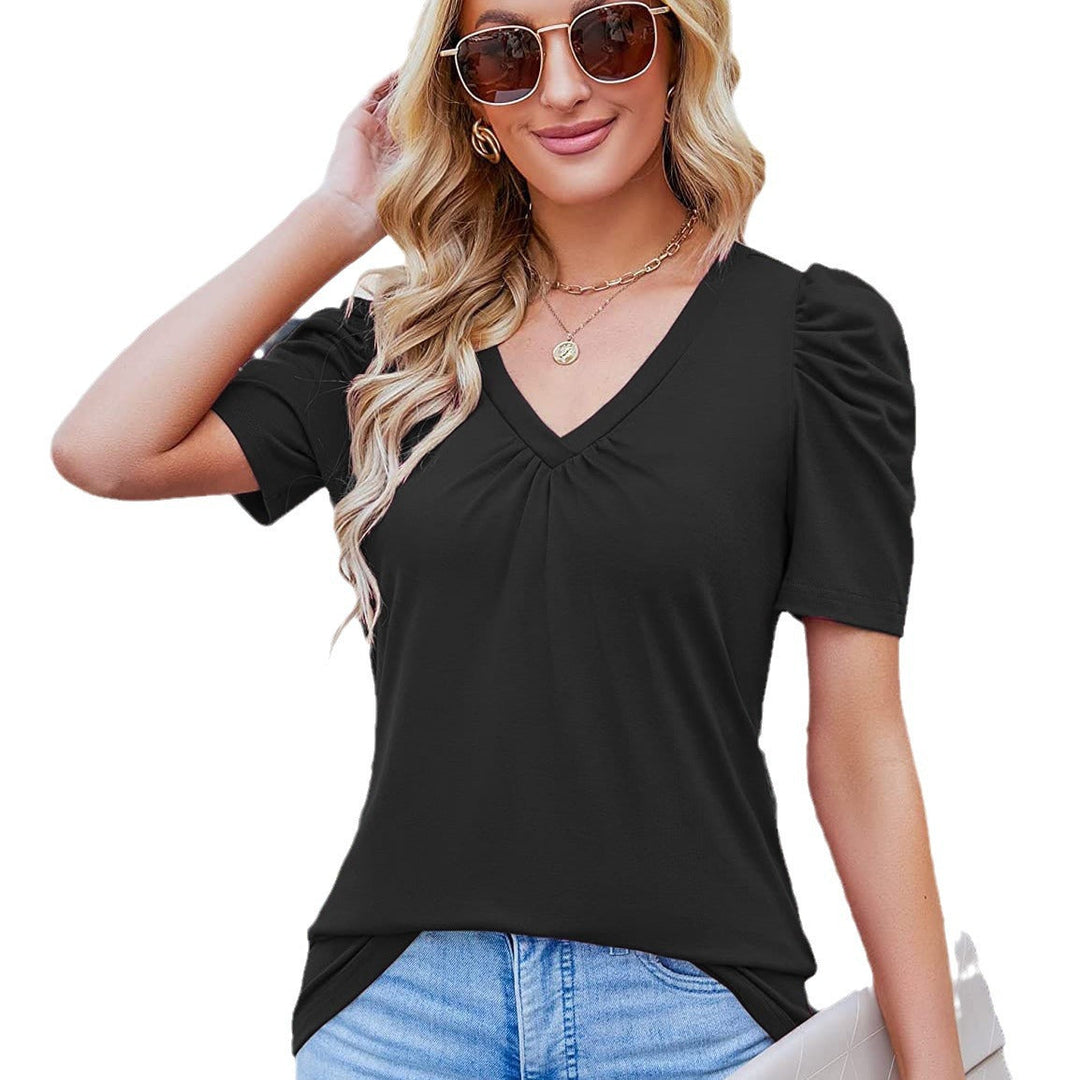 Damen V-Ausschnitt T-Shirt mit Puffärmeln
