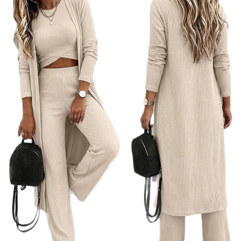 Damen Dreiteiliges Rippstrick-Loungewear-Set mit Longcardigan, bauchfreiem Top und weiter Palazzohose Shop Nory