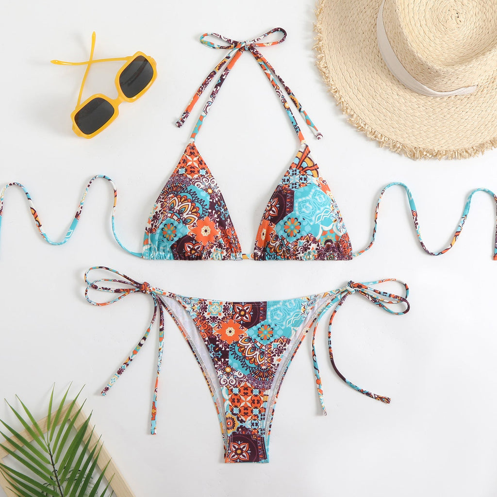 Damen Triangel-Bikini-Set mit verspieltem Blumenmuster und feinen BindShopnoryändern