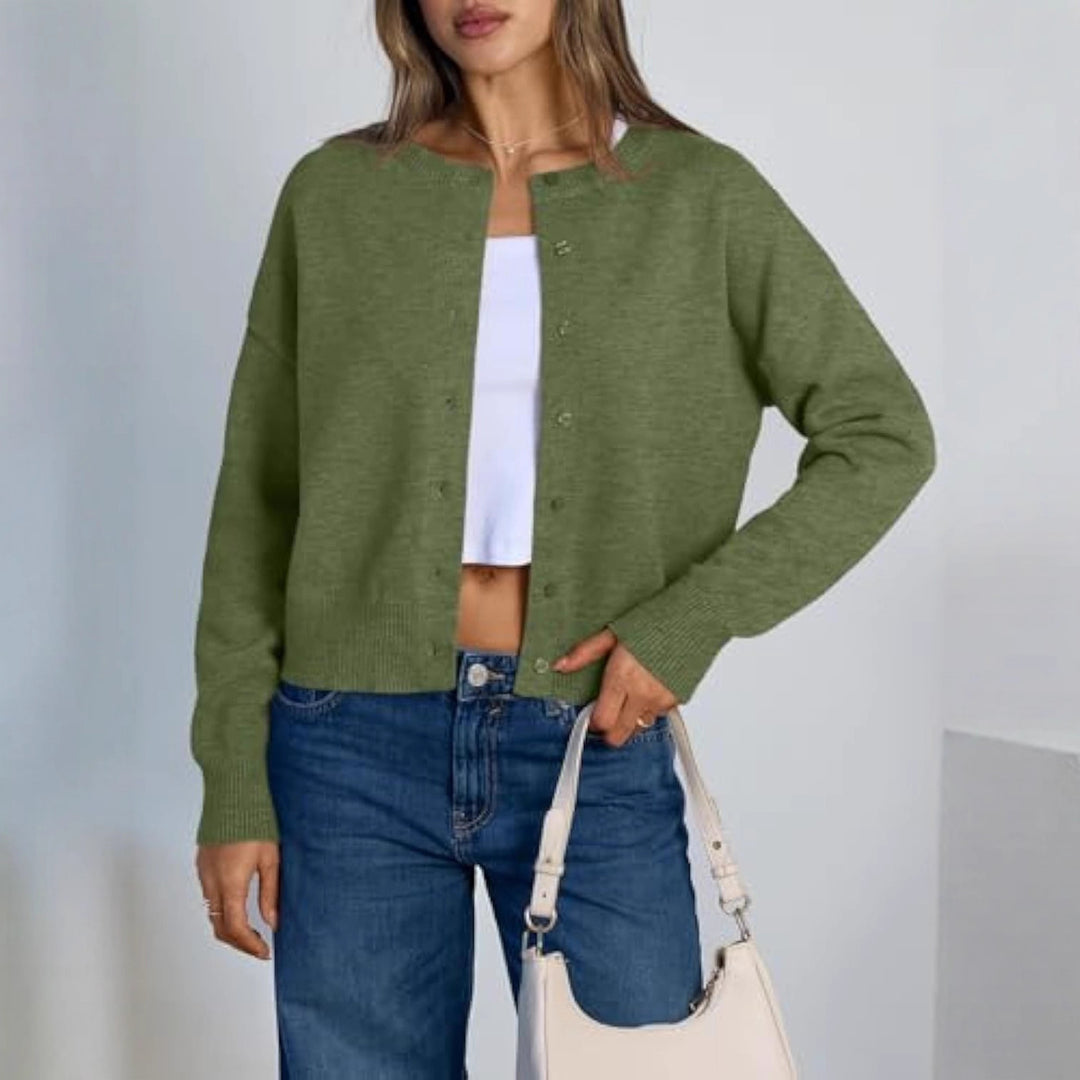 Damen Cropped Strickjacke im Boxy‑Schnitt mit Rundhals und Rippbündchen Shop Nory