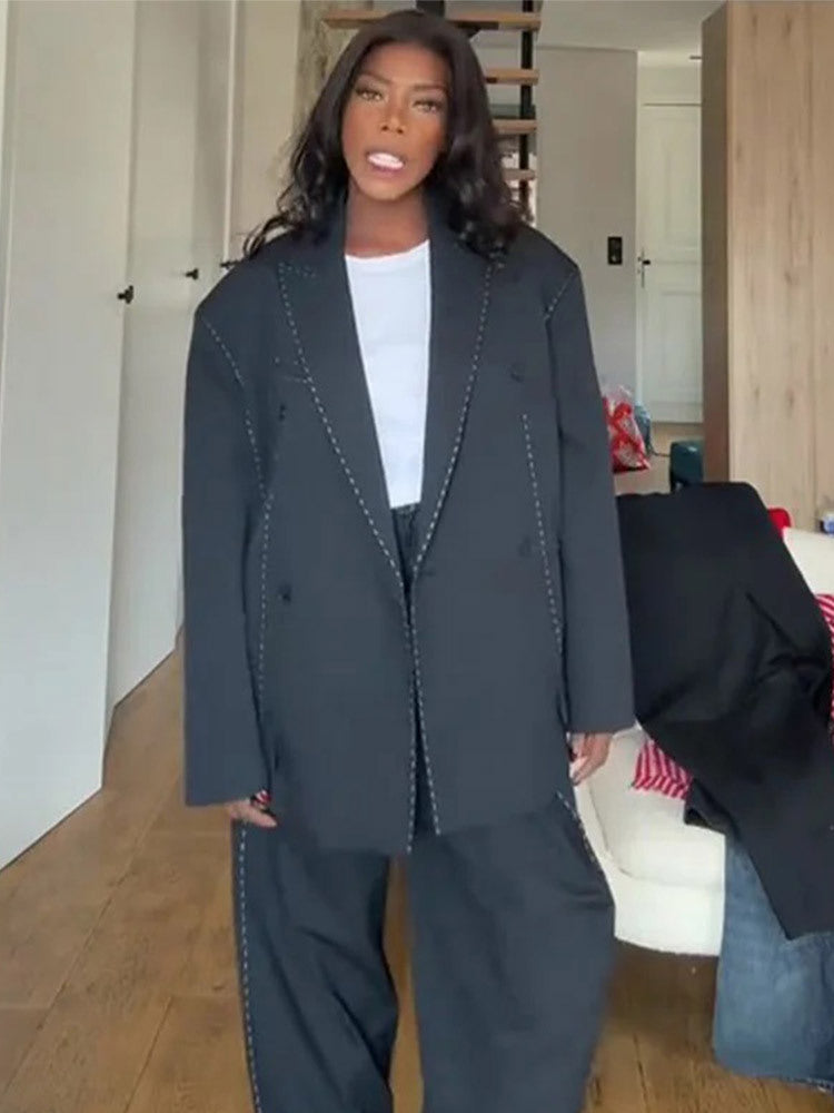 Damen Oversized Zweiteiler Boxy-Sakko und weite Bundfaltenhose mit Ziersteppnähten Shop Nory