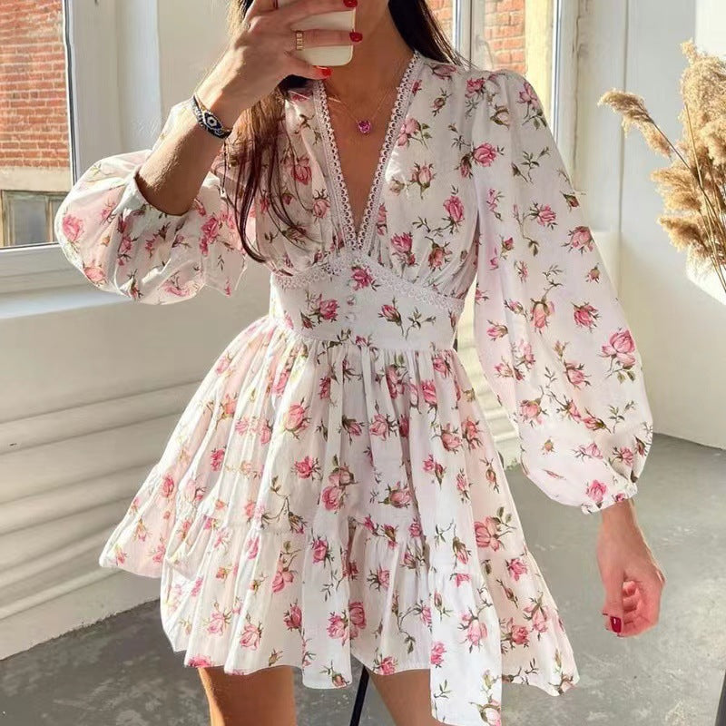 Damen Boho-florales Minikleid mit V-Ausschnitt und Puffärmeln Shop Nory