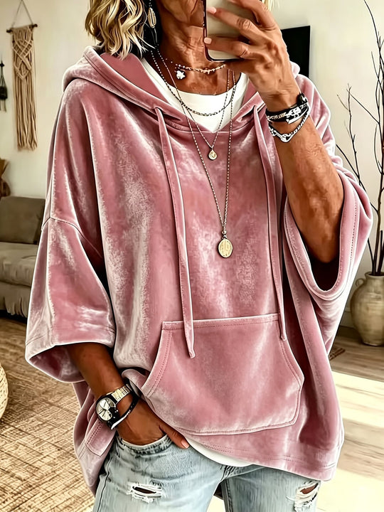 Damen Oversize Samt-Hoodie mit halbarm, Kapuze und Kängurutasche Shop Nory