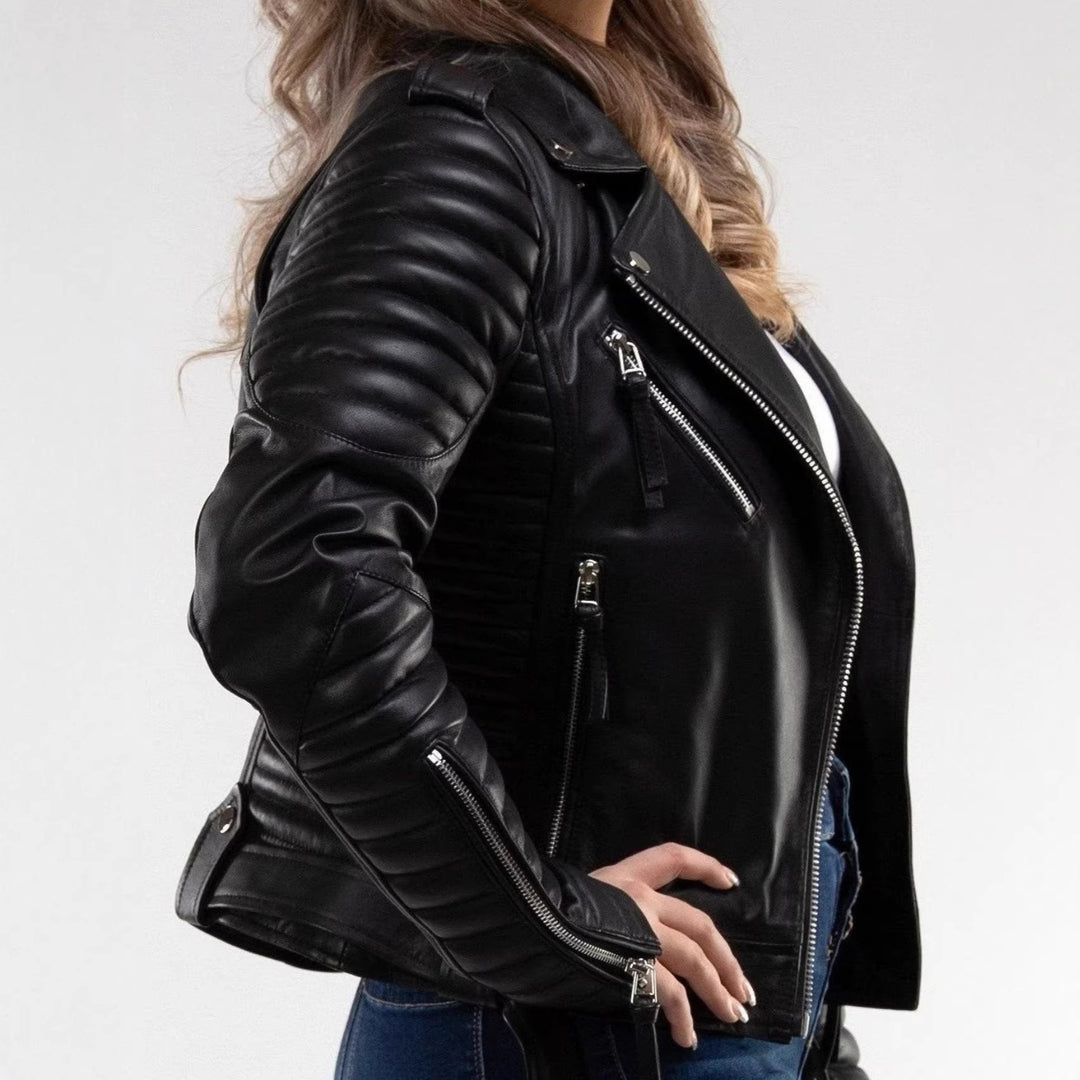 Damen Modische Lederbikerjacke mit Steppdetails
