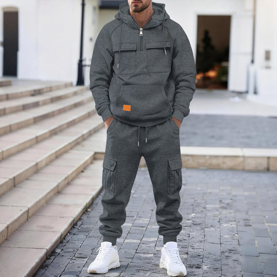 Herren technischer Oversize-Hoodie mit Halbzip, Kapuze, Kängurutasche und aufgesetzten Utility-Taschen Shop Nory