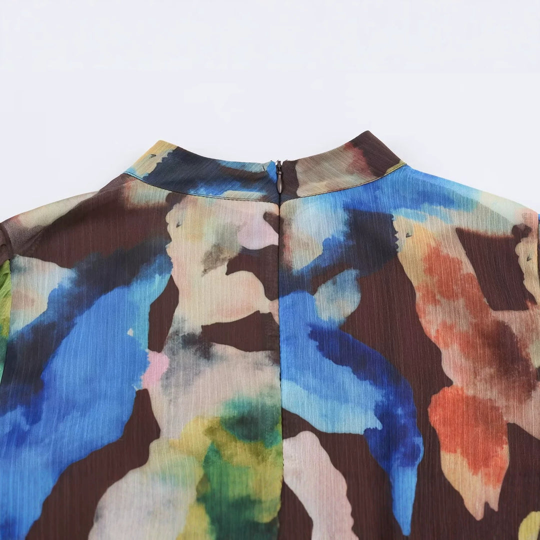 Damen Plissiertes Chiffon-Midikleid mit Aquarellprint, taillierter Silhouette und Ballonärmeln Shop Nory