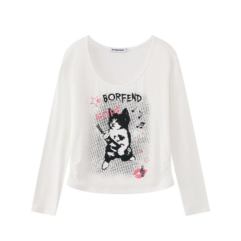 Damen Lagen-Langarmshirt mit Racerback-Innenlayer und Cartoon-Katzenprint Shop Nory