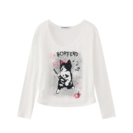 Damen Lagen-Langarmshirt mit Racerback-Innenlayer und Cartoon-Katzenprint Shop Nory