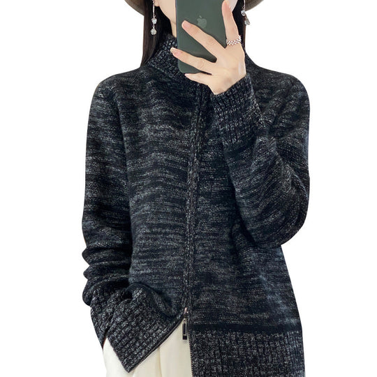 Damen Reißverschluss‑Strickjacke mit melierter Struktur und Stehkragen Shop Nory