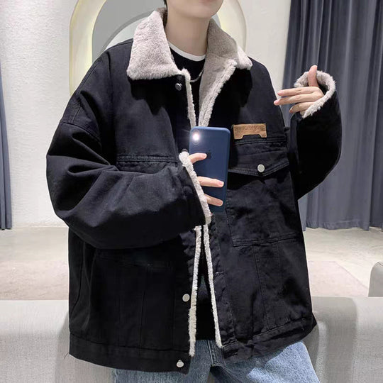 Herren Gefütterte Oversized Denimjacke mit Teddyfutter und Pattentaschen Shop Nory
