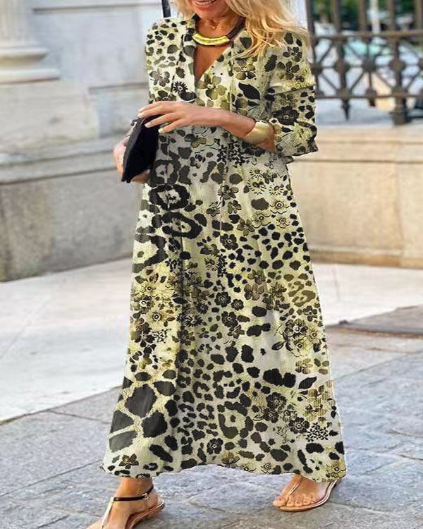 Damen Maxi-Kleid im Leoprint mit V-Ausschnitt, dreiviertelärmeln und weiter A‑Linie Shop Nory